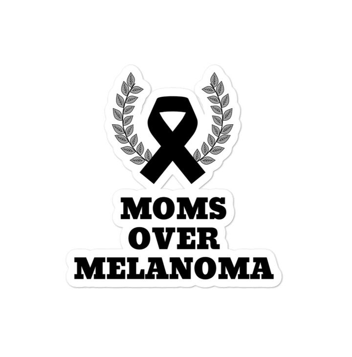 Moms Over Melanoma (M.O.M.) sticker featuring melanoma awareness ribbon